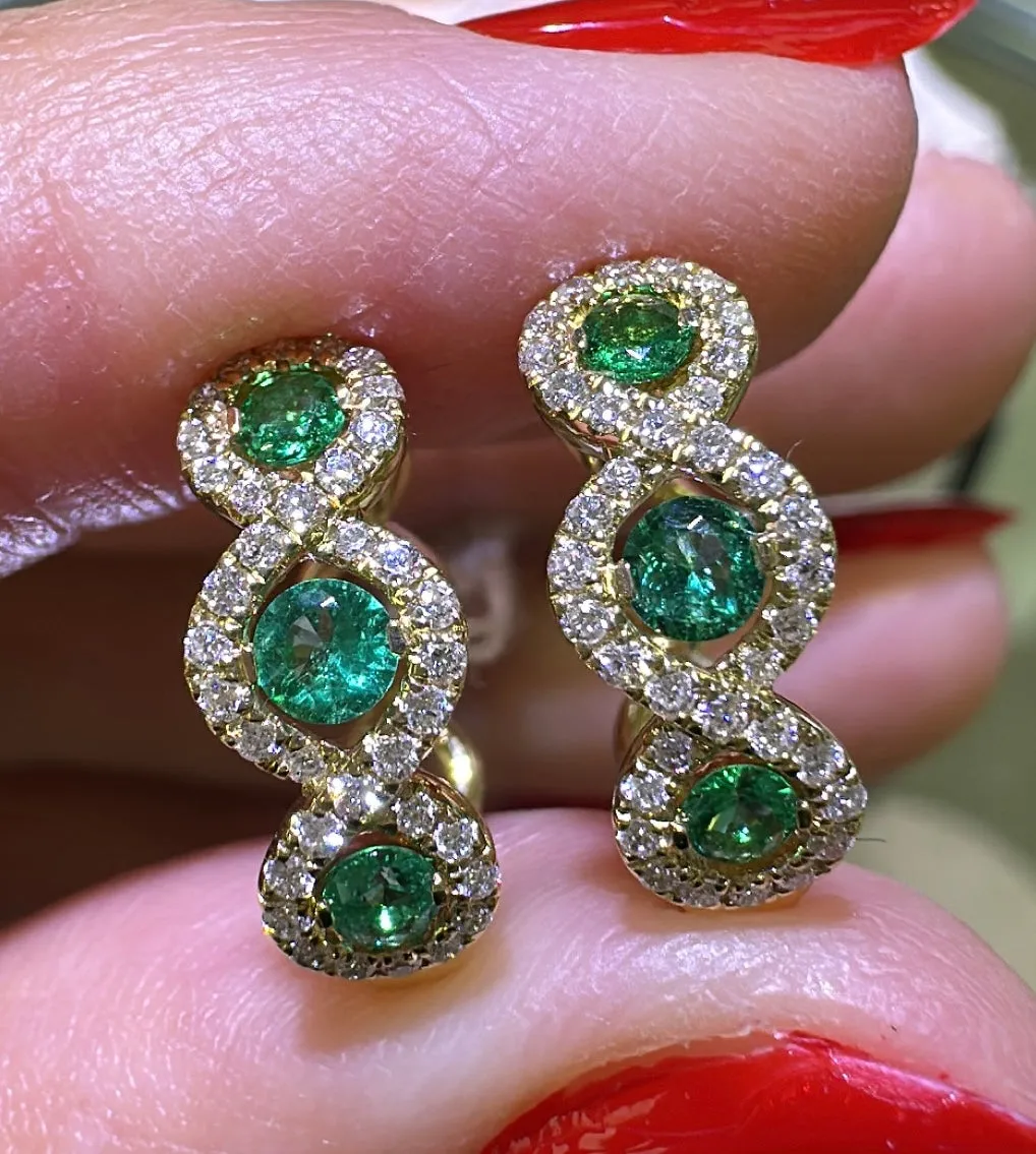0.63ct tw Three Stone Emerald & Diamond Huggie Earrings