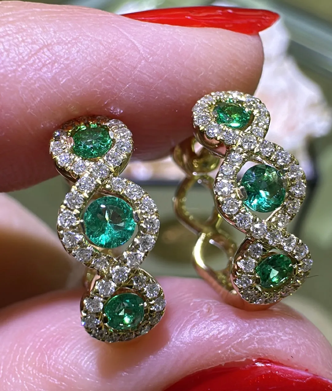 0.63ct tw Three Stone Emerald & Diamond Huggie Earrings