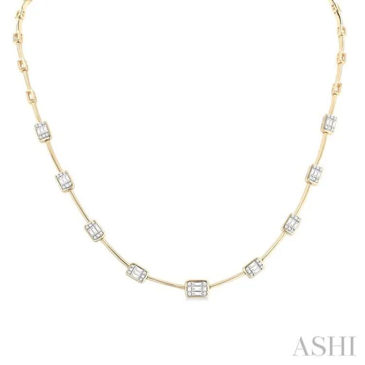 1 1/10 ctw Fusion Baguette and Round Cut Diamond Bar Necklace in 14K Yellow and White Gold