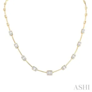 1 1/10 ctw Fusion Baguette and Round Cut Diamond Bar Necklace in 14K Yellow and White Gold