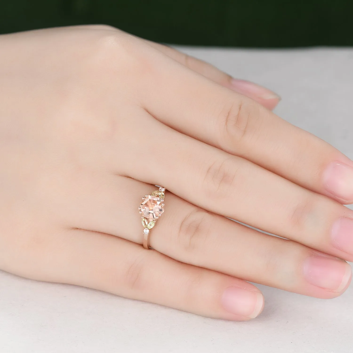 1 carat Vintage Hexagon Cut Morganite Engagement Ring Marquise Peridot Cluster Ring