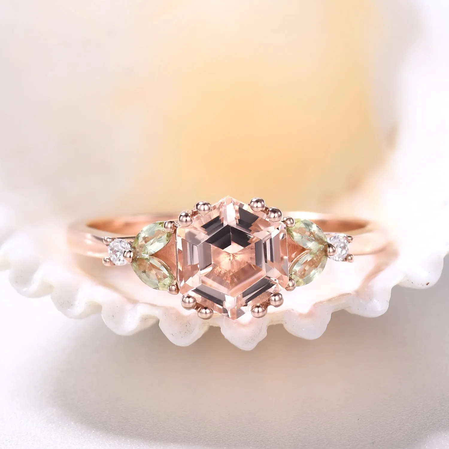 1 carat Vintage Hexagon Cut Morganite Engagement Ring Marquise Peridot Cluster Ring
