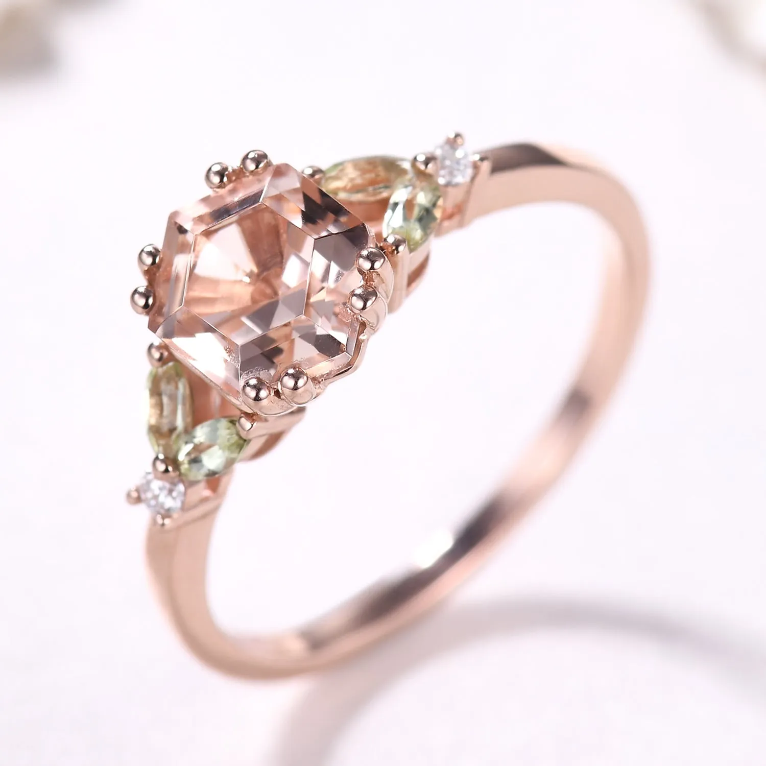 1 carat Vintage Hexagon Cut Morganite Engagement Ring Marquise Peridot Cluster Ring