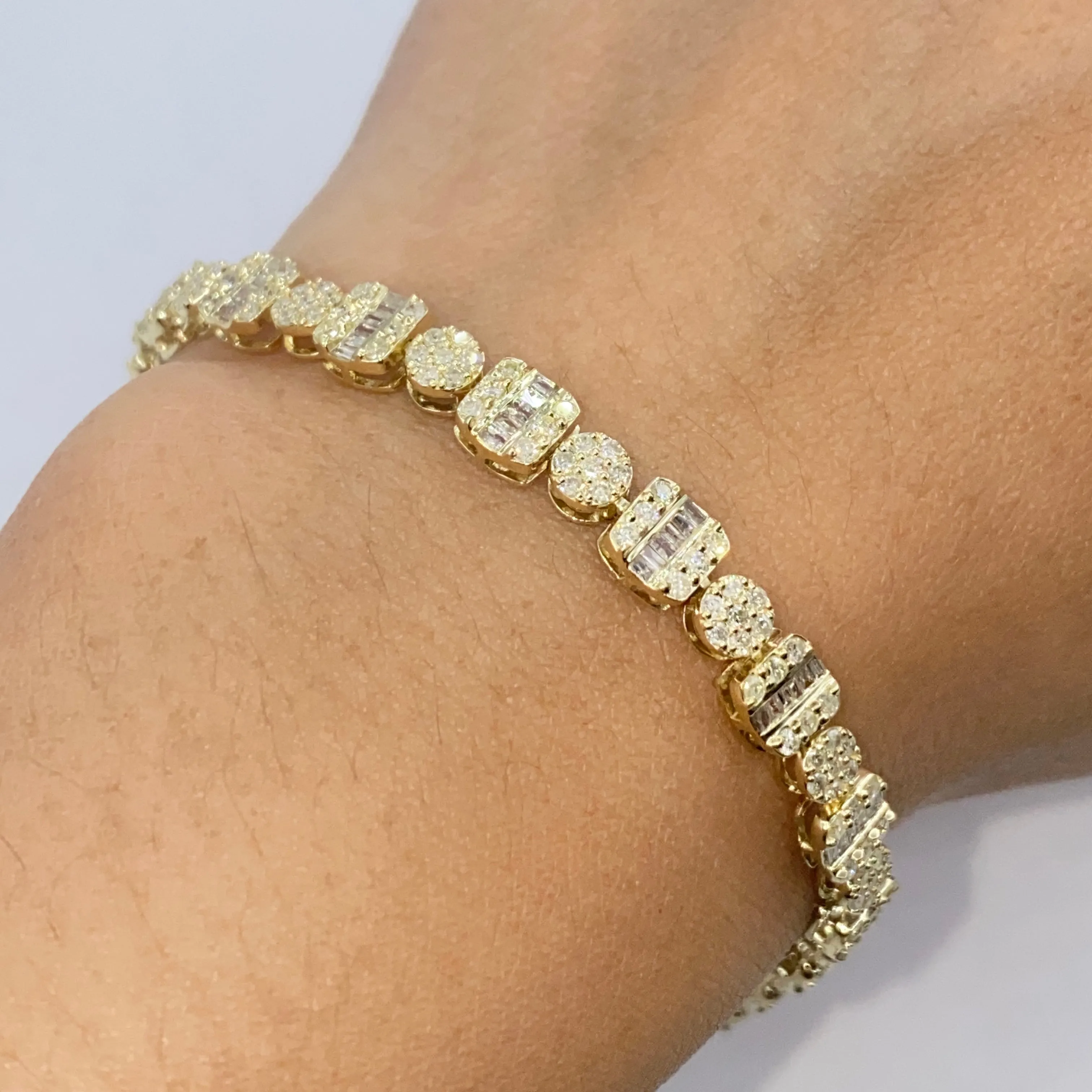 10K 5.5MM Square Circle Link Diamond Baguette Tennis Bracelet 7"