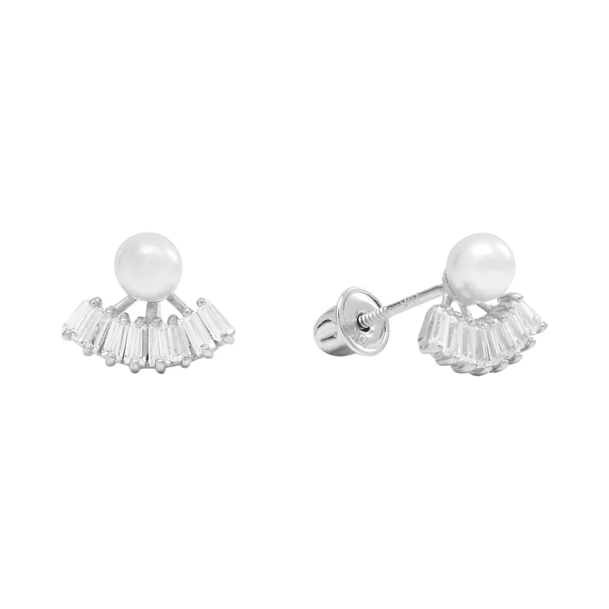 10k Solid Gold CZ Baguette Fan & Pearl Studs