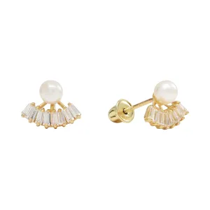 10k Solid Gold CZ Baguette Fan & Pearl Studs