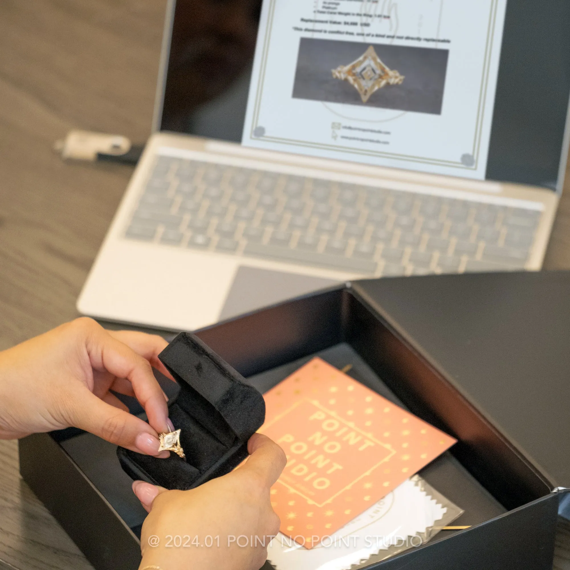 1.10 Carat Black Speckled Asscher Diamond Engagement Ring, Zoe Setting, 14k Rose Gold