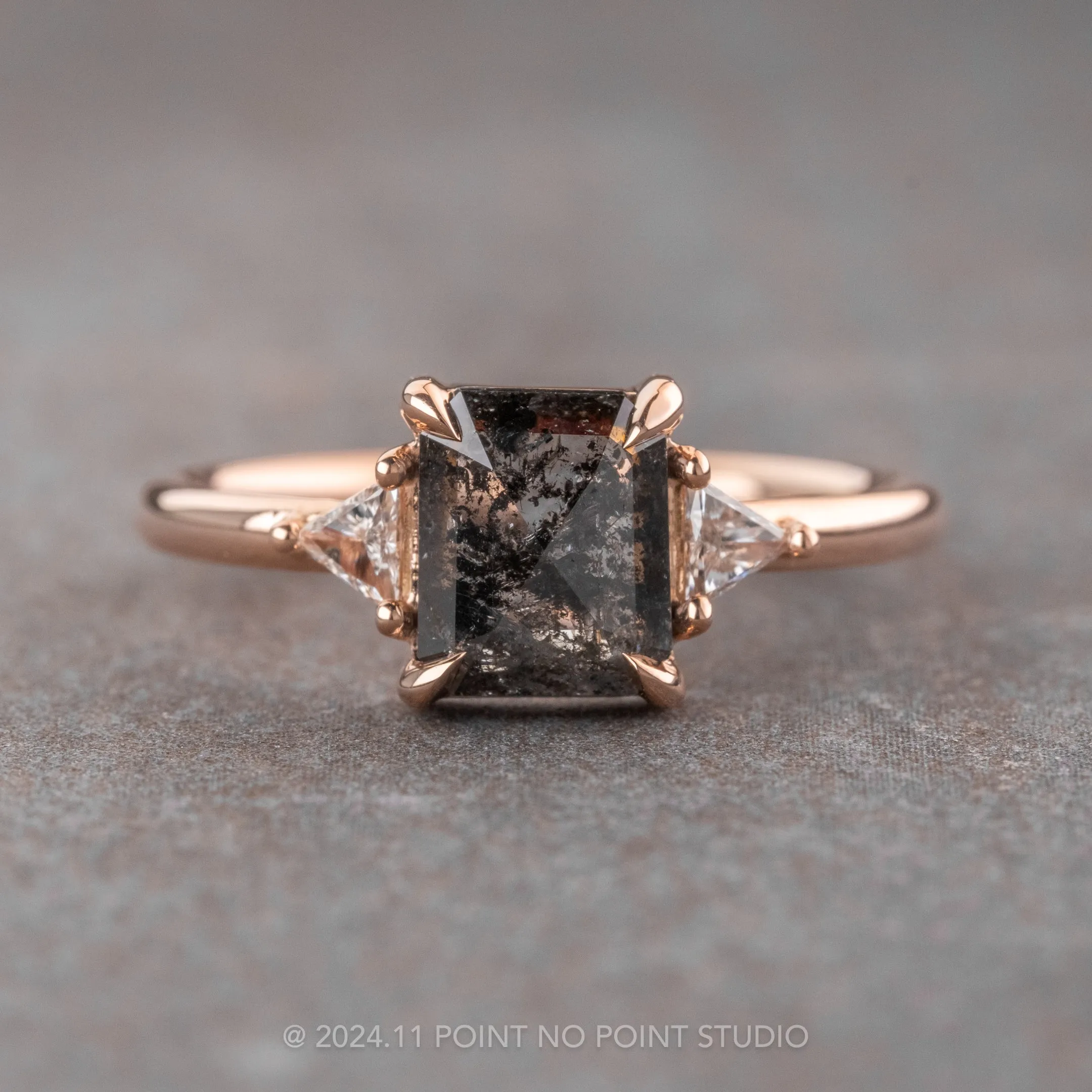 1.10 Carat Black Speckled Asscher Diamond Engagement Ring, Zoe Setting, 14k Rose Gold