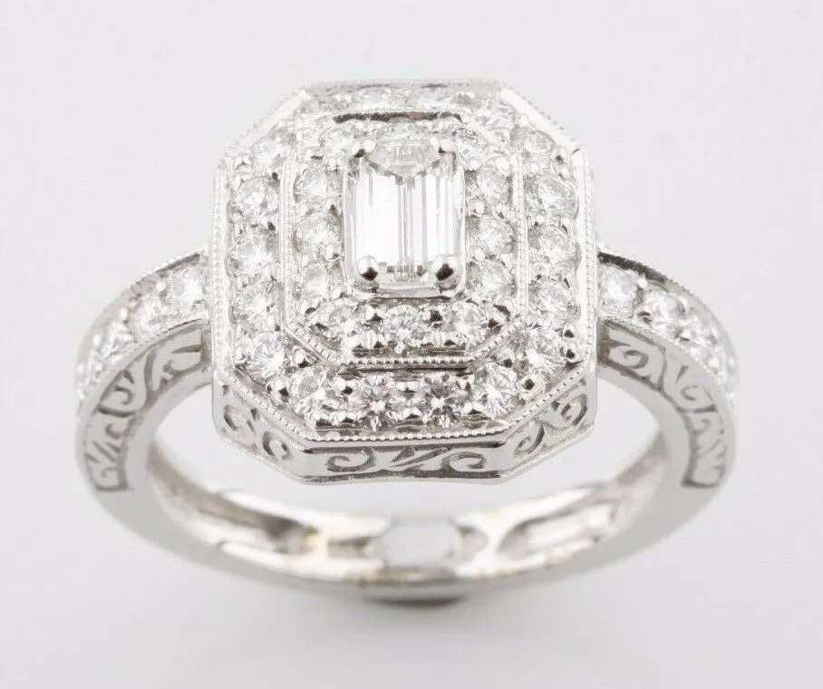 1.15 carat Emerald Cut Diamond 18K White Gold Engagement Ring w/ Accents Size 6