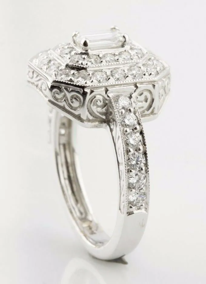1.15 carat Emerald Cut Diamond 18K White Gold Engagement Ring w/ Accents Size 6