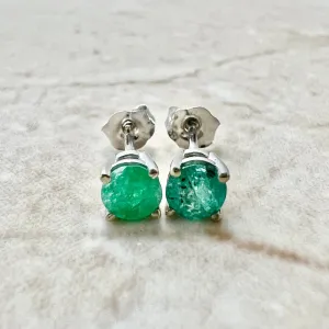 14 Karat White Gold 4.2 MM Natural Round Emerald Stud Earrings