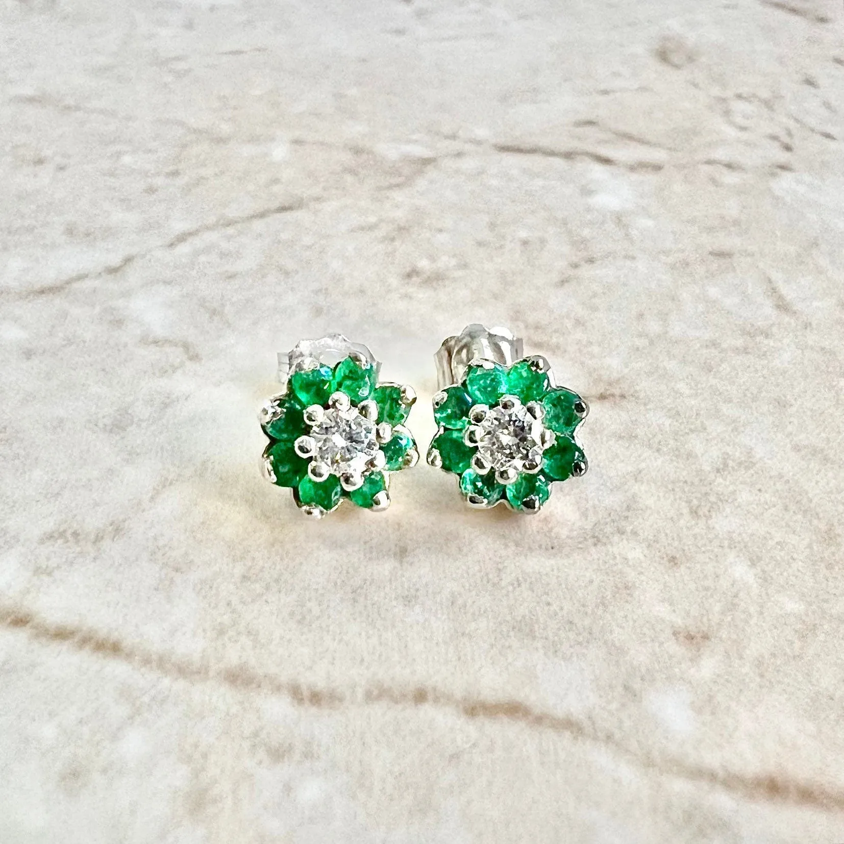 14 Karat White Gold Emerald & Diamond Halo Stud Earrings