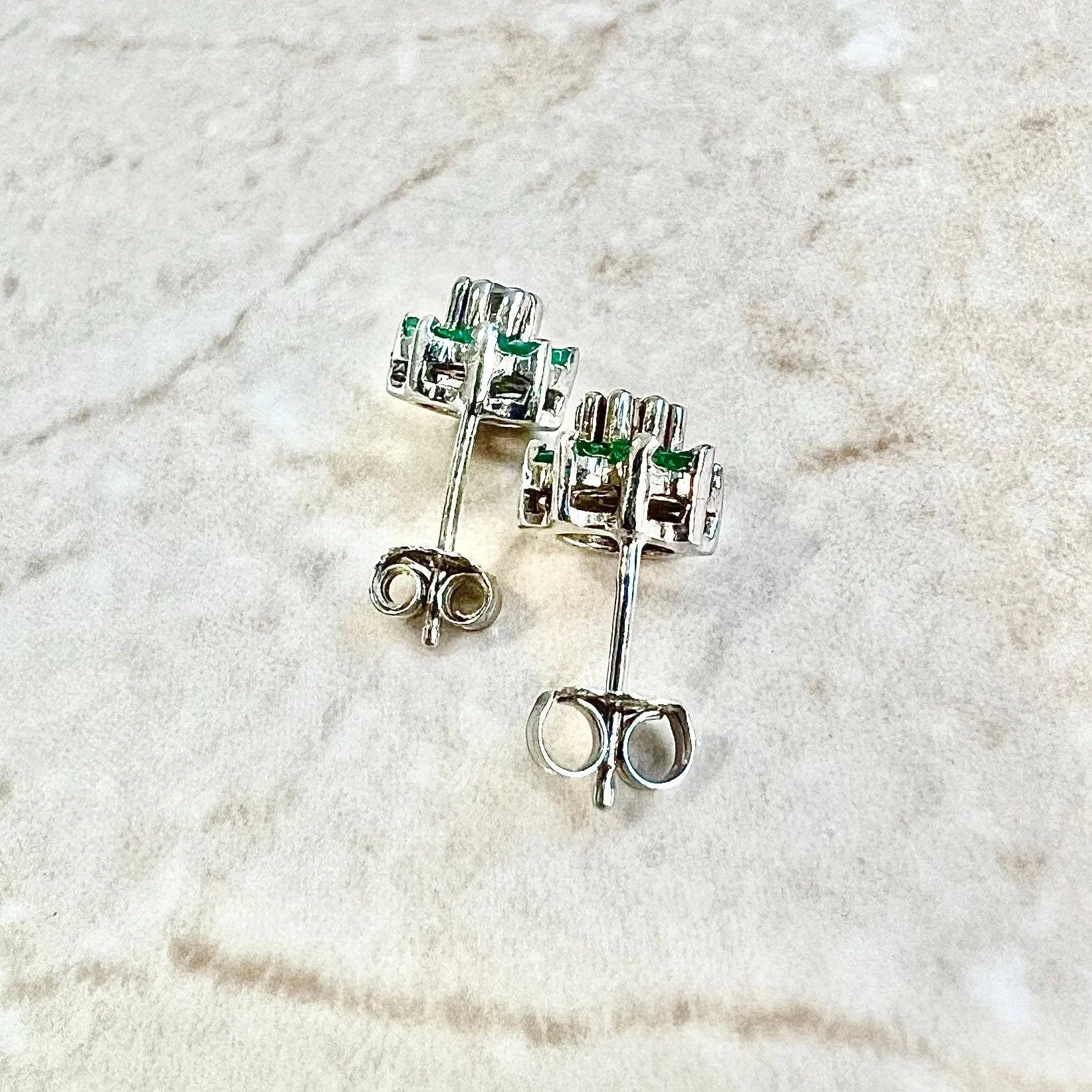 14 Karat White Gold Emerald & Diamond Halo Stud Earrings