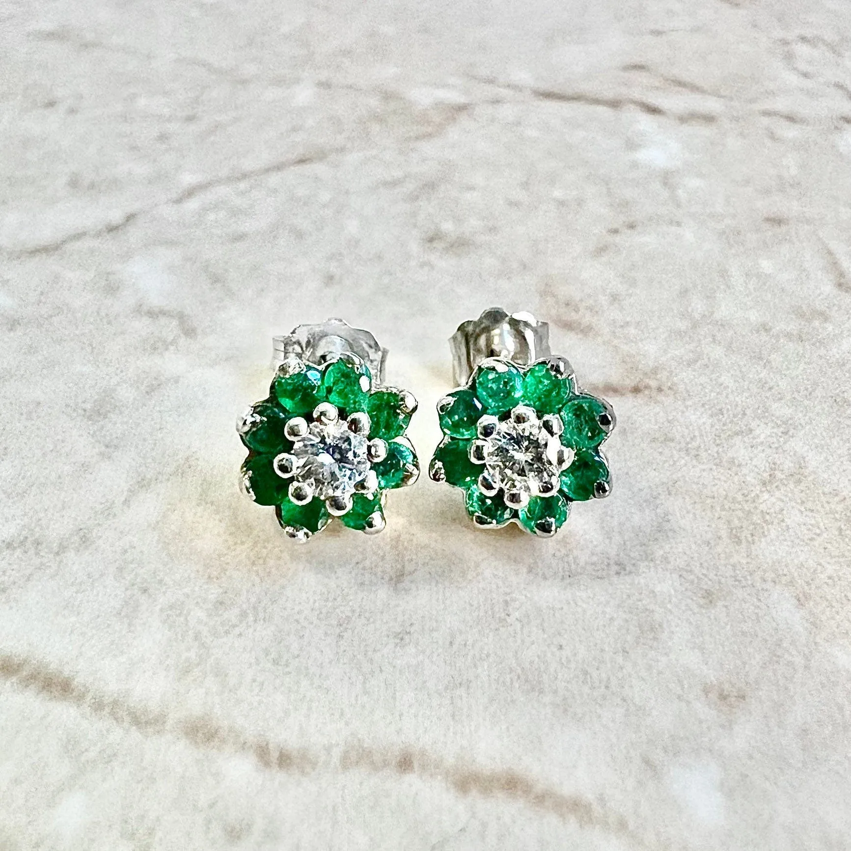 14 Karat White Gold Emerald & Diamond Halo Stud Earrings