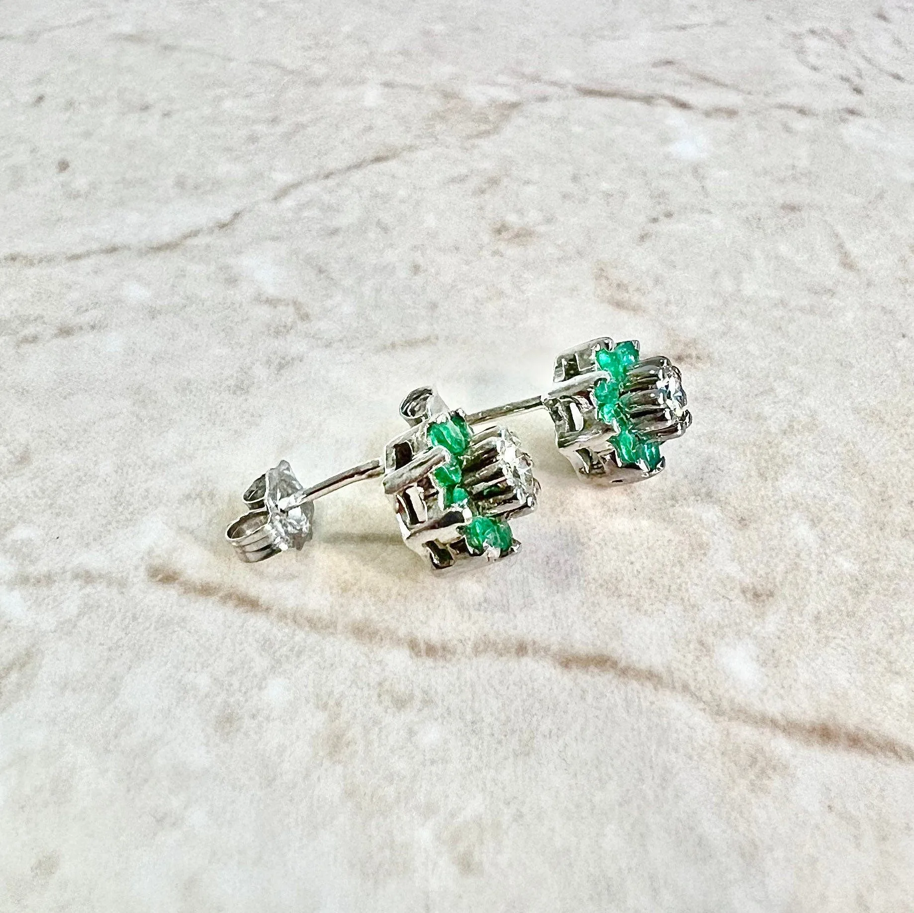 14 Karat White Gold Emerald & Diamond Halo Stud Earrings