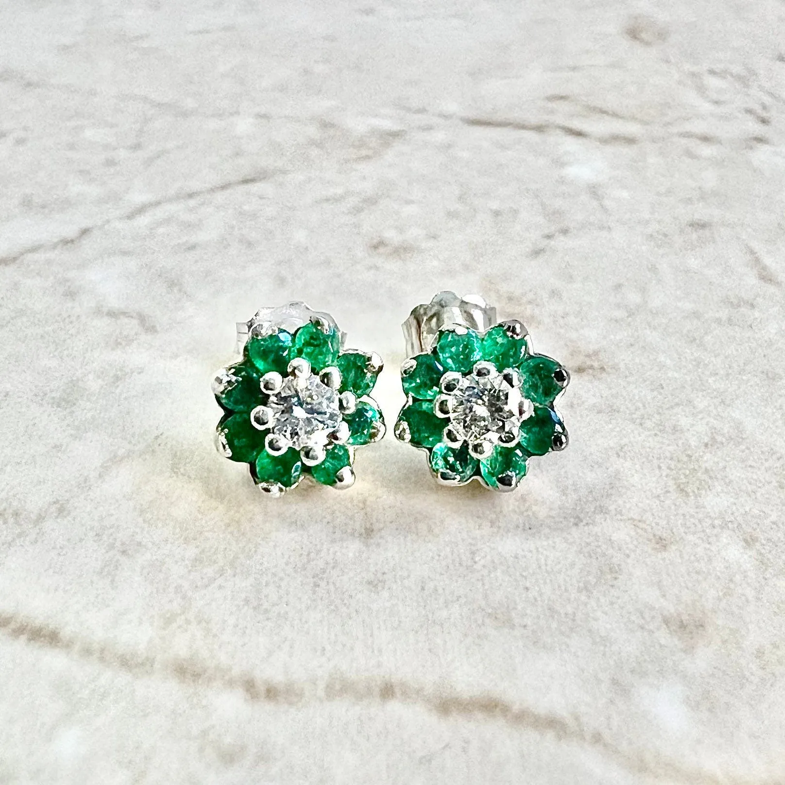 14 Karat White Gold Emerald & Diamond Halo Stud Earrings
