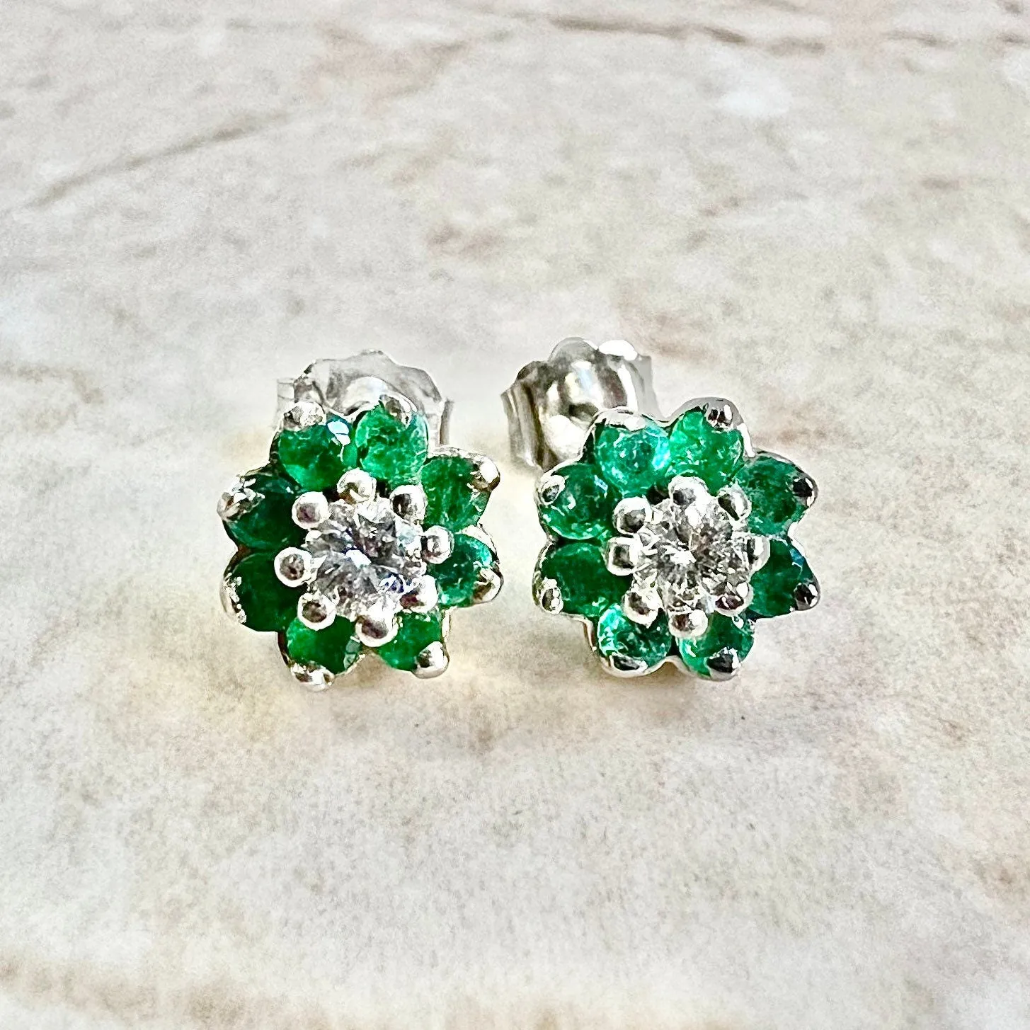 14 Karat White Gold Emerald & Diamond Halo Stud Earrings