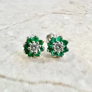 14 Karat White Gold Emerald & Diamond Halo Stud Earrings