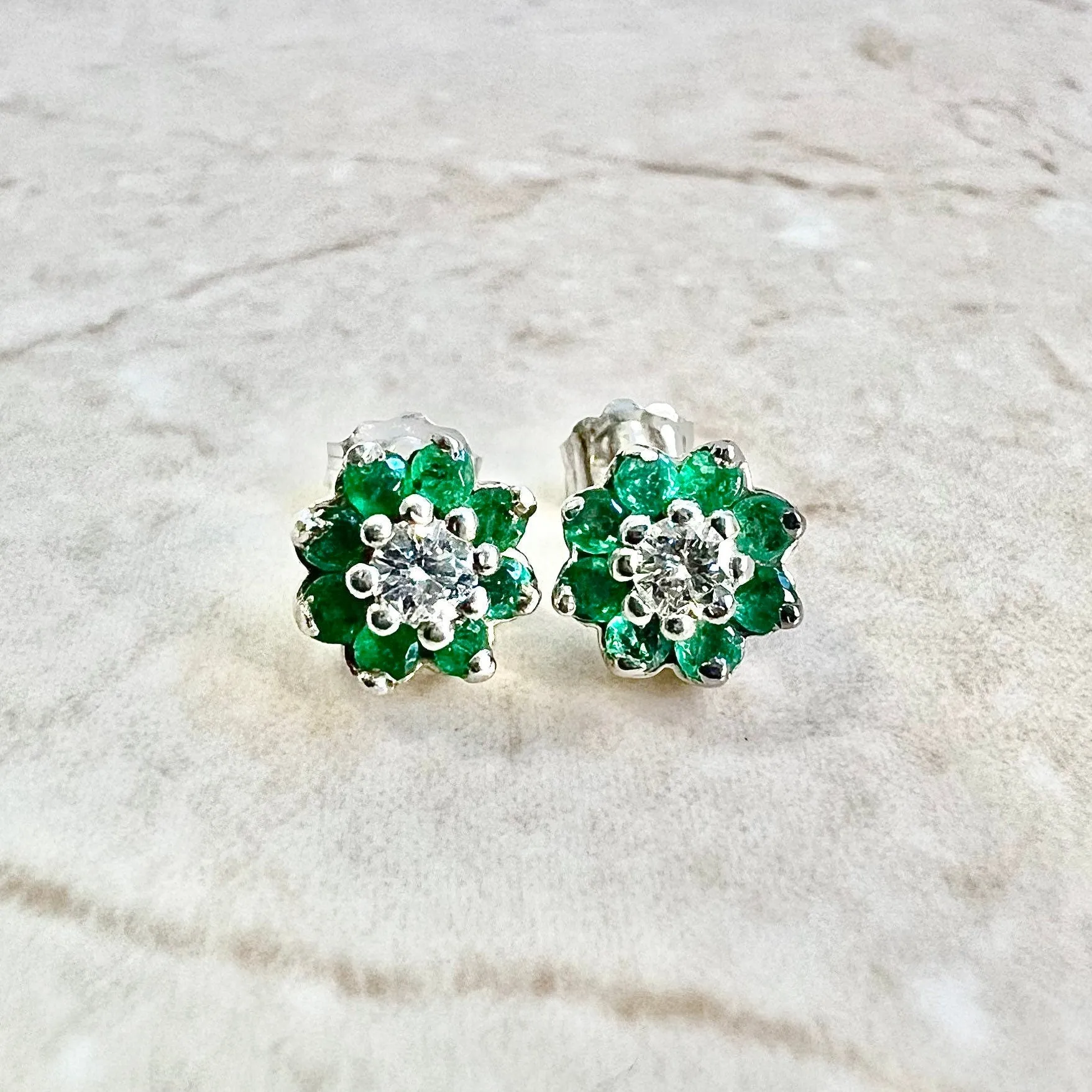 14 Karat White Gold Emerald & Diamond Halo Stud Earrings