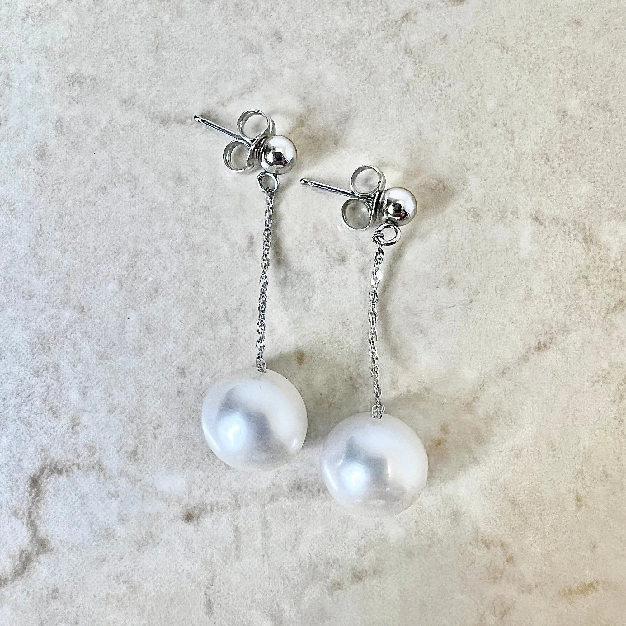 14 Karat White Gold White Pearl Drop Earrings