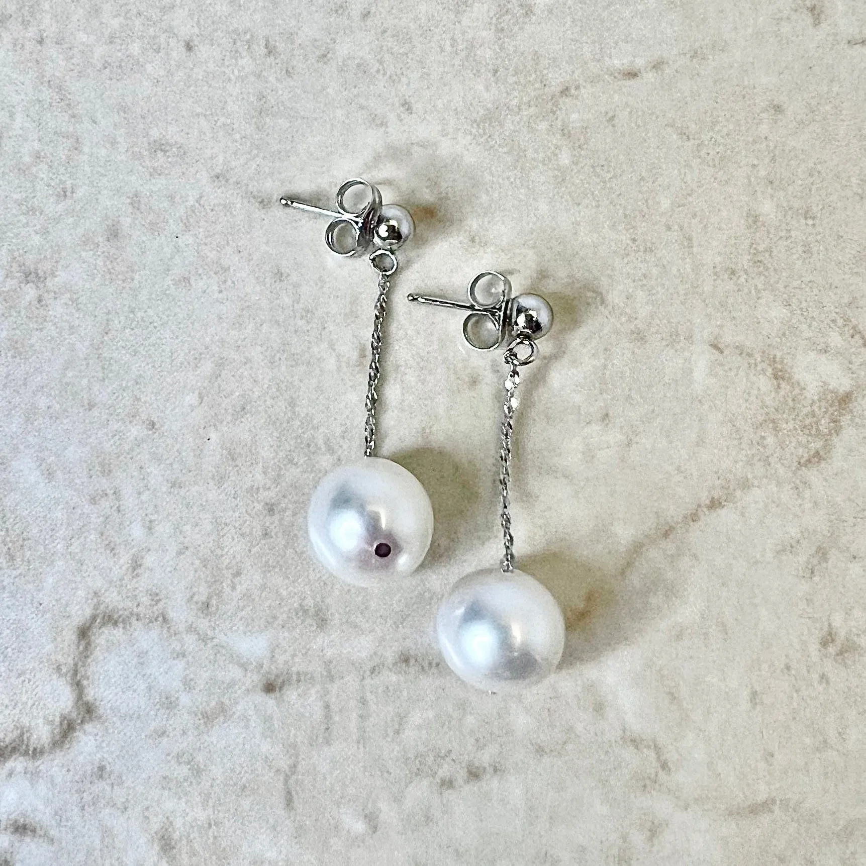 14 Karat White Gold White Pearl Drop Earrings