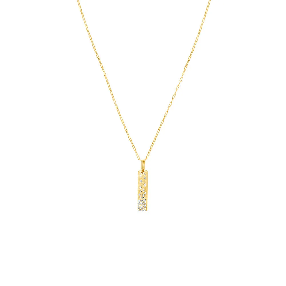 14 Karat Yellow Gold Matte Vertical Bar Pendant with White Diamonds