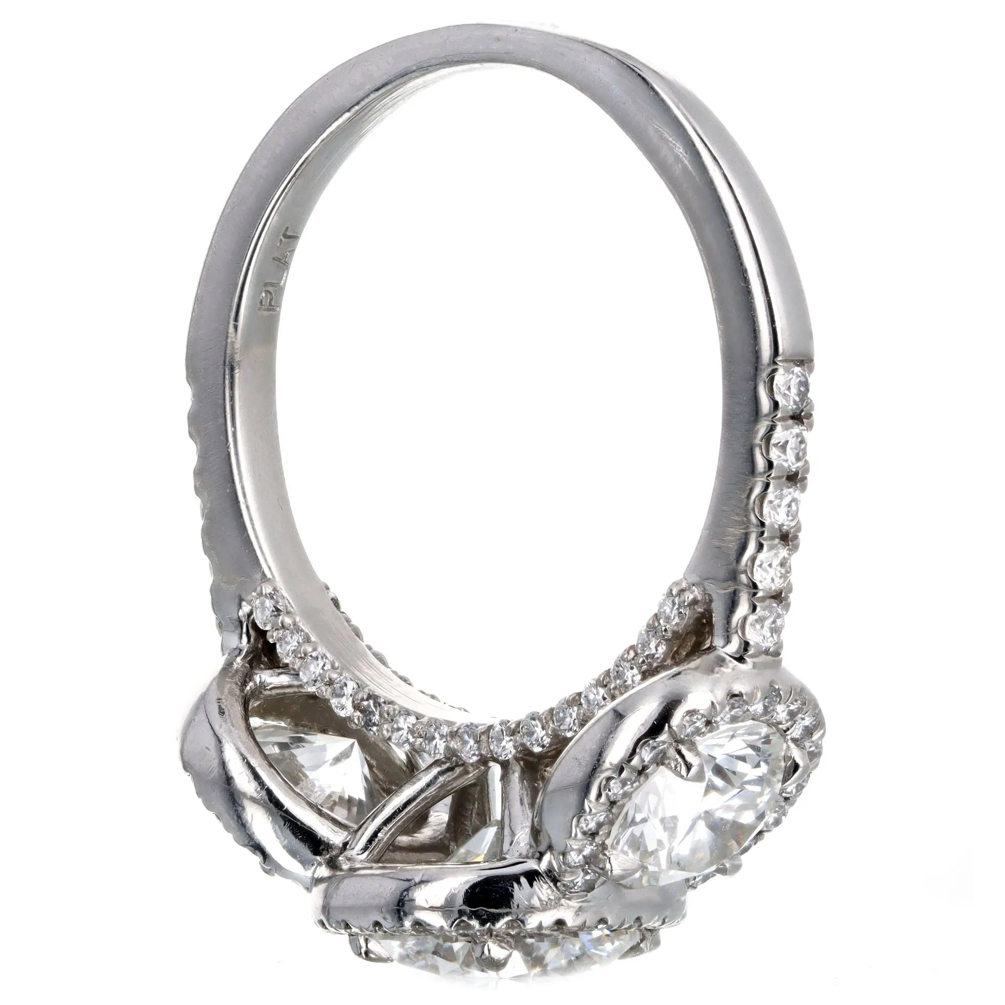 1.47 Carat Round Brilliant Diamond Three Stone Halo Engagement Ring in Platinum GIA Certified