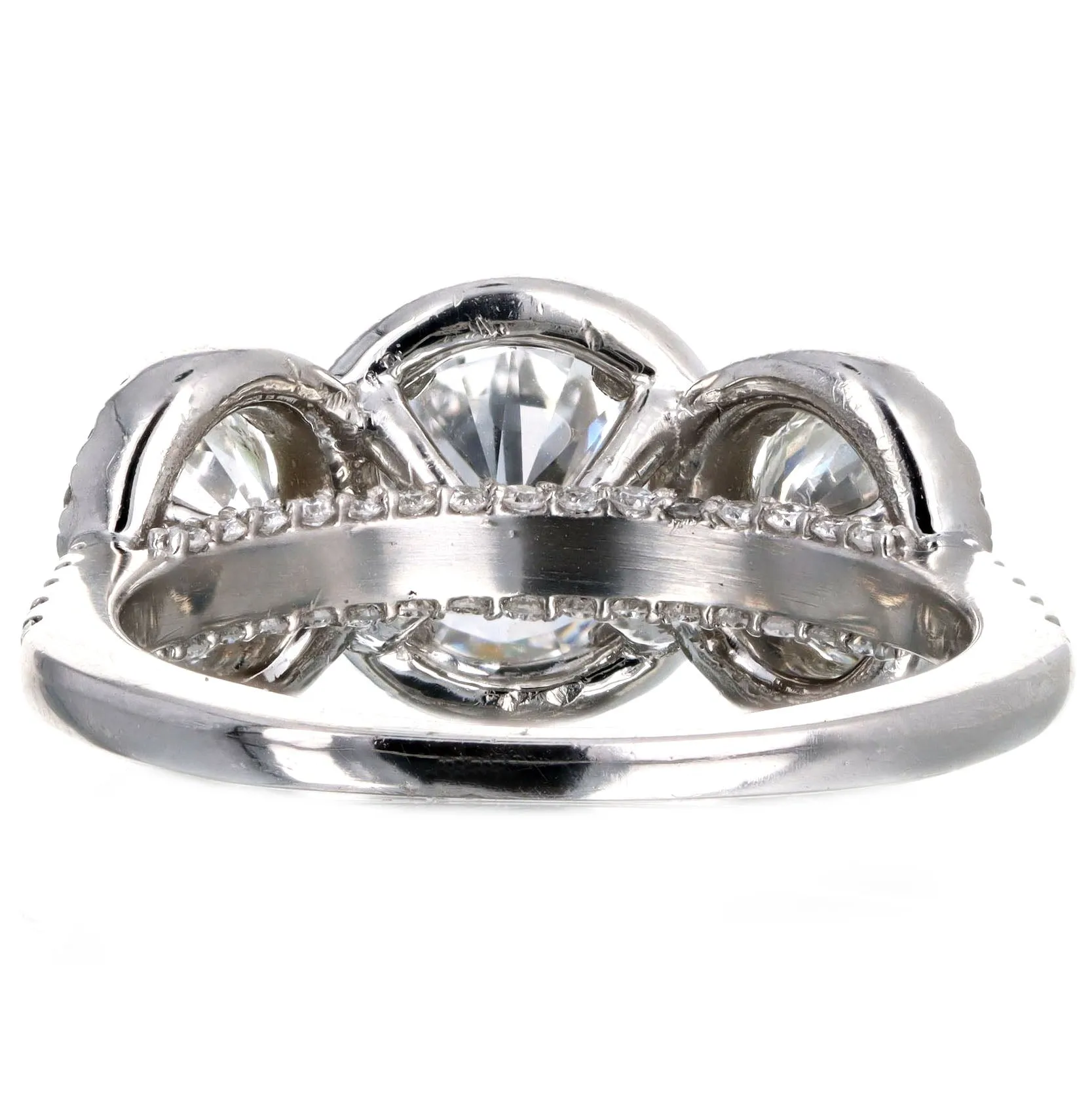 1.47 Carat Round Brilliant Diamond Three Stone Halo Engagement Ring in Platinum GIA Certified