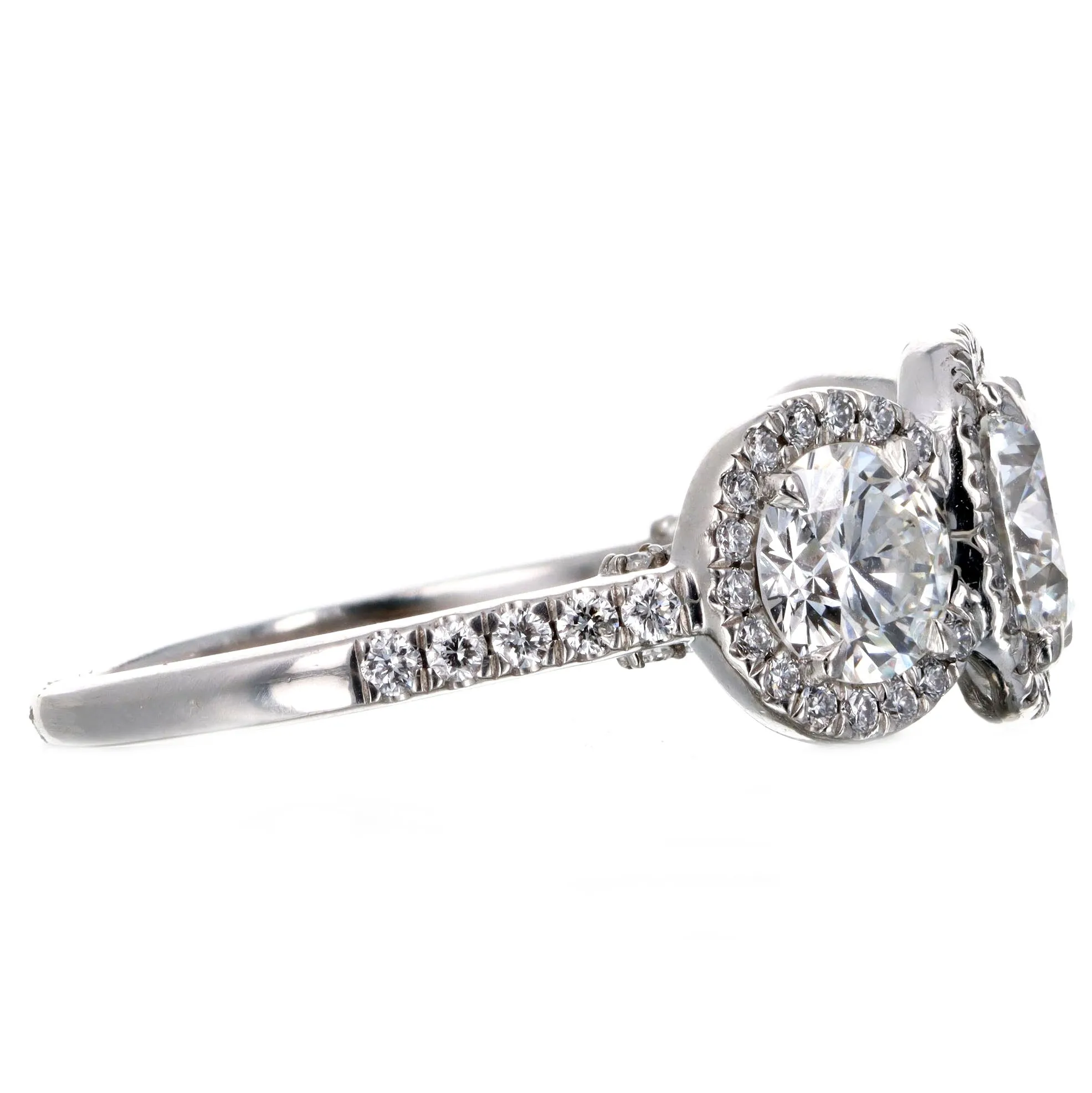 1.47 Carat Round Brilliant Diamond Three Stone Halo Engagement Ring in Platinum GIA Certified