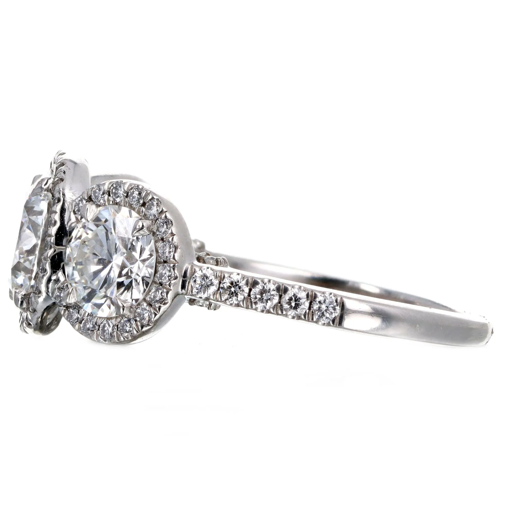 1.47 Carat Round Brilliant Diamond Three Stone Halo Engagement Ring in Platinum GIA Certified