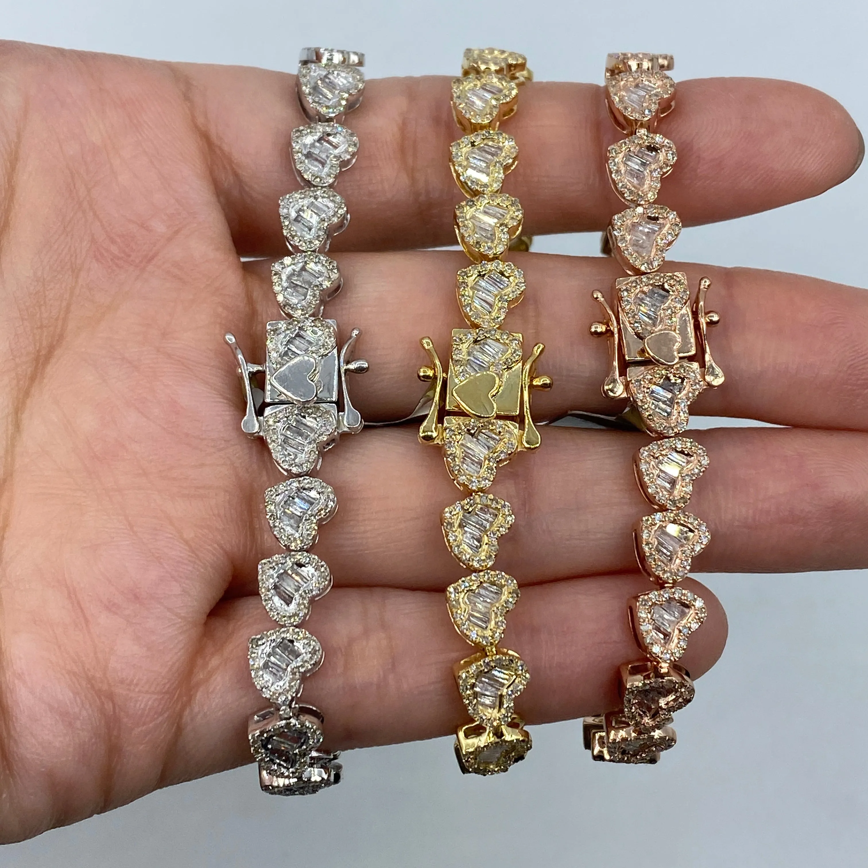 14K 6.5MM Adore Heart Link Diamond Baguette Bracelet 7"