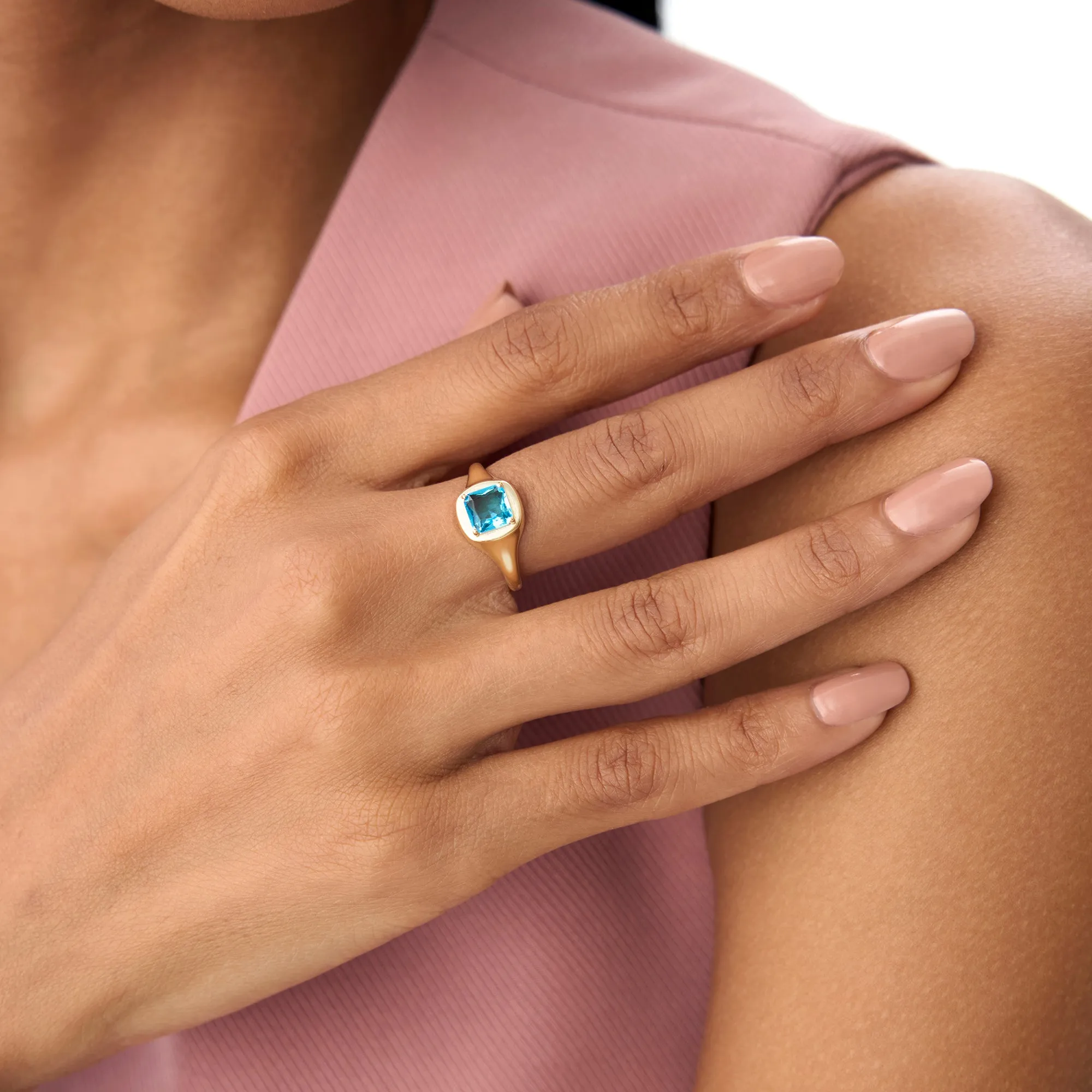 14K Asscher Cut London Blue Topaz Signet Ring