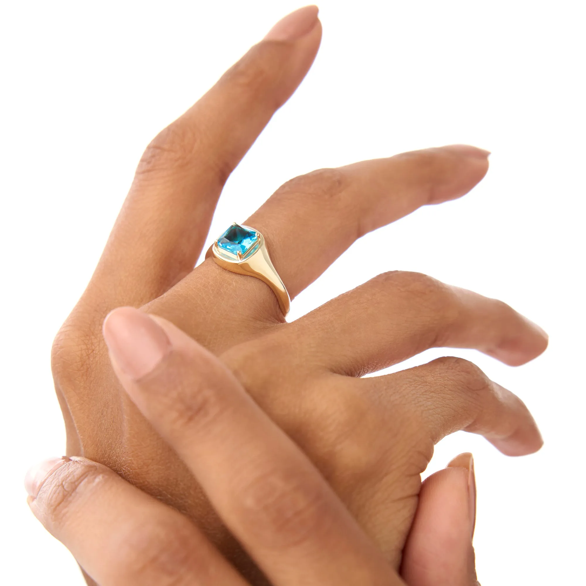 14K Asscher Cut London Blue Topaz Signet Ring