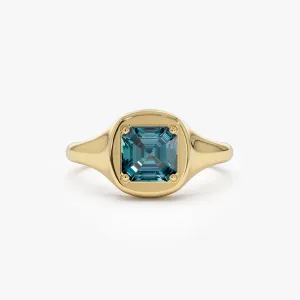 14K Asscher Cut London Blue Topaz Signet Ring