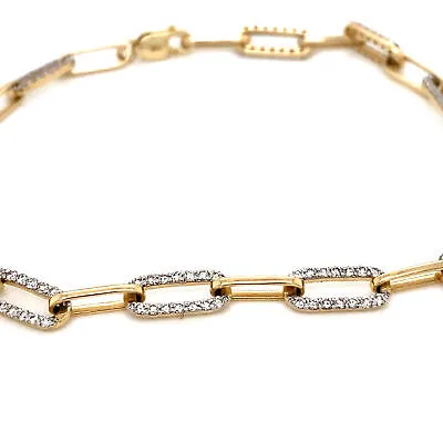 14K Diamond Paperclip Chain Bracelet Yellow Gold