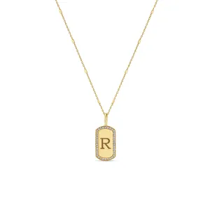 14k Engraved Initial X-Small Pavé Diamond Dog Tag Necklace