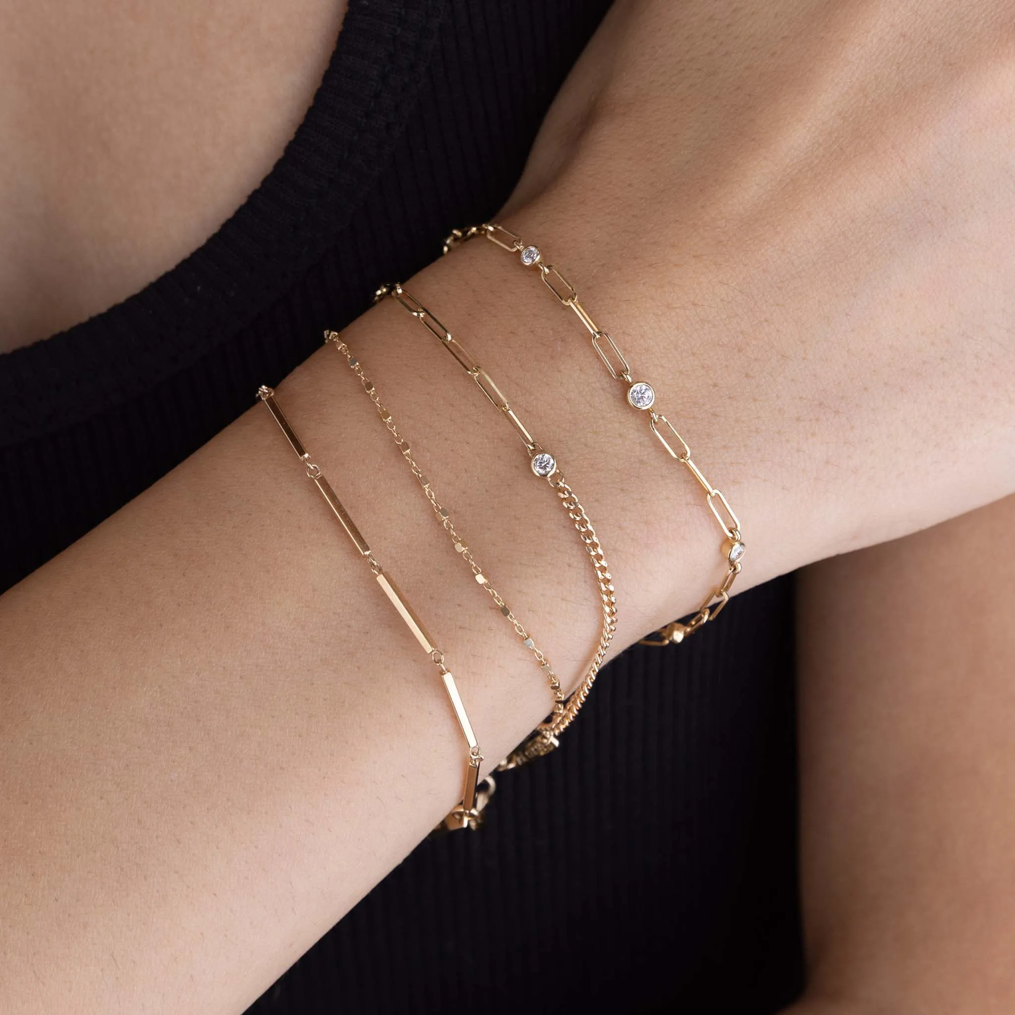 14k Floating Diamond Mixed XS Curb & Small Paperclip Chain Bracelet