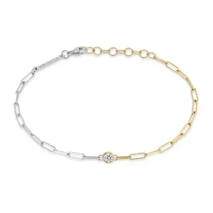 14k Floating Diamond Two Tone Gold Small Paperclip Chain Bracelet
