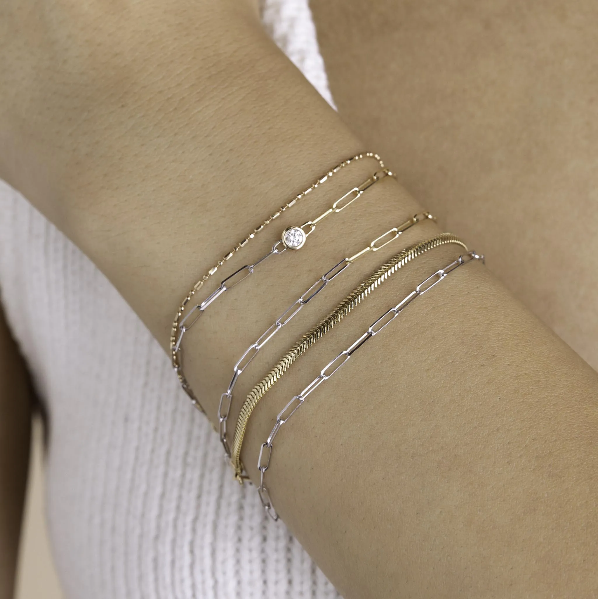14k Floating Diamond Two Tone Gold Small Paperclip Chain Bracelet