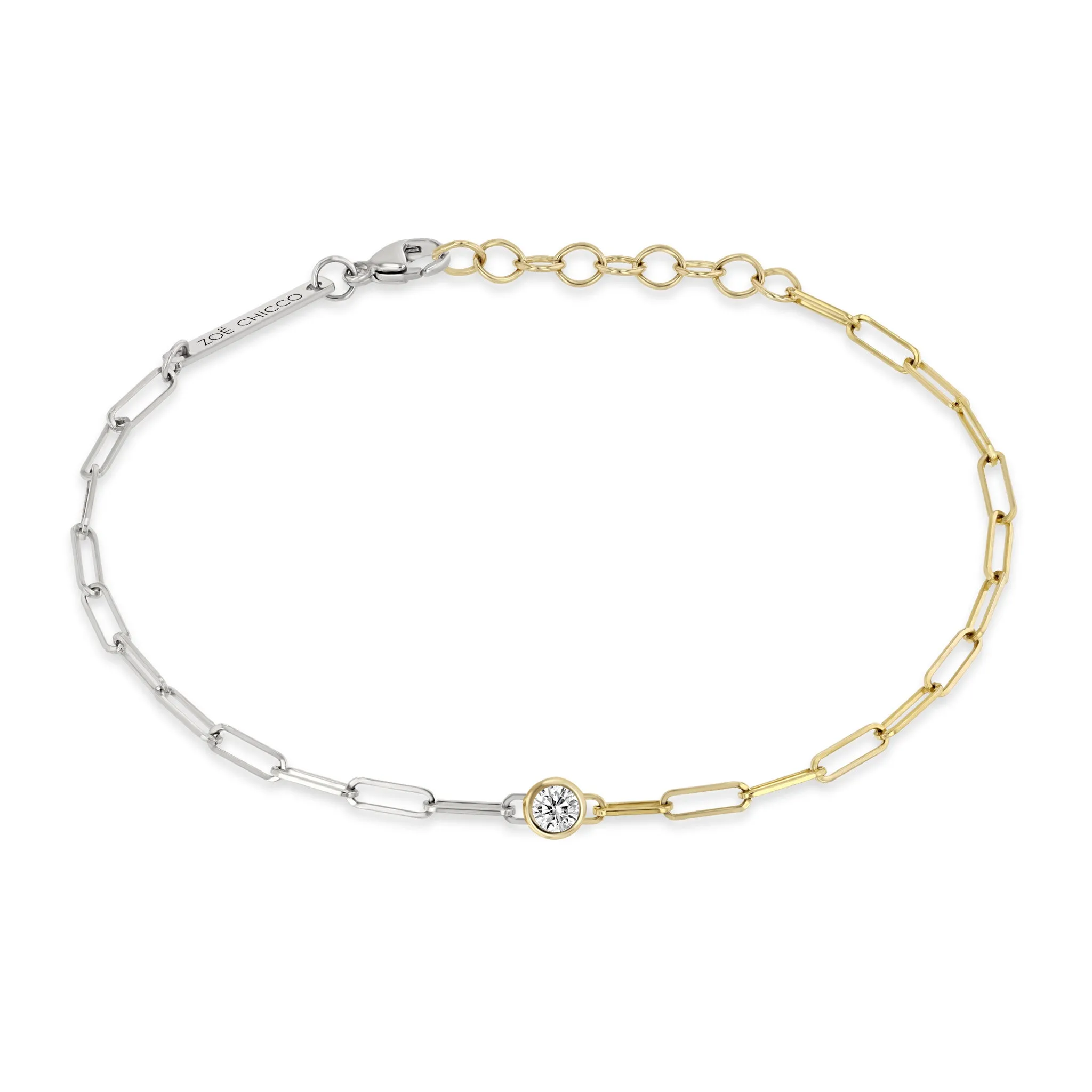 14k Floating Diamond Two Tone Gold Small Paperclip Chain Bracelet