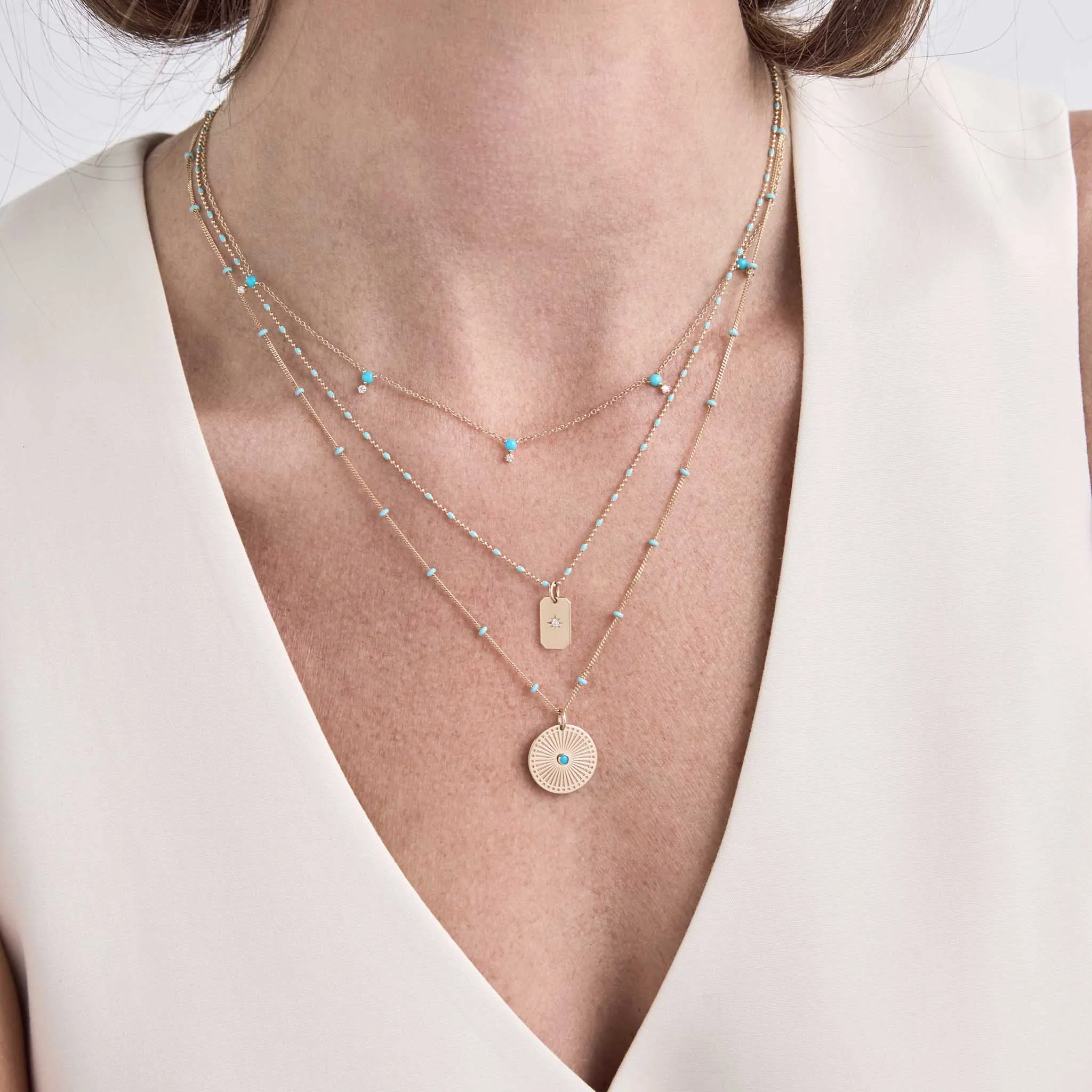 14k Gold & Turquoise Enamel Tube Bar Chain Necklace