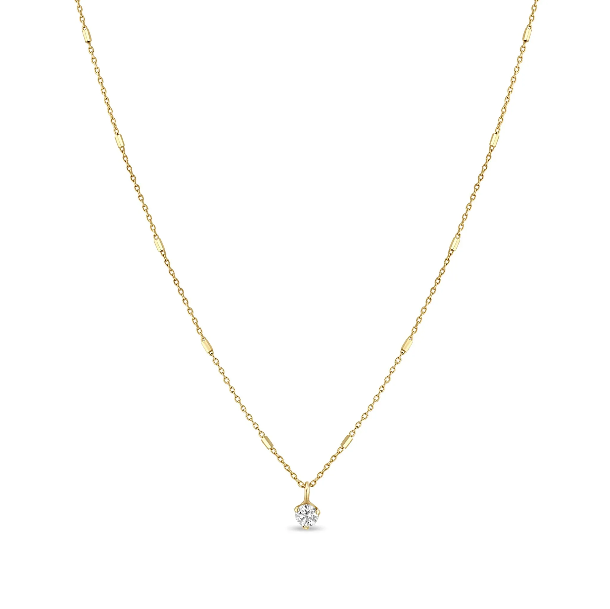 14K Gold Bar Chain Necklace with Prong-Set Diamond Drop