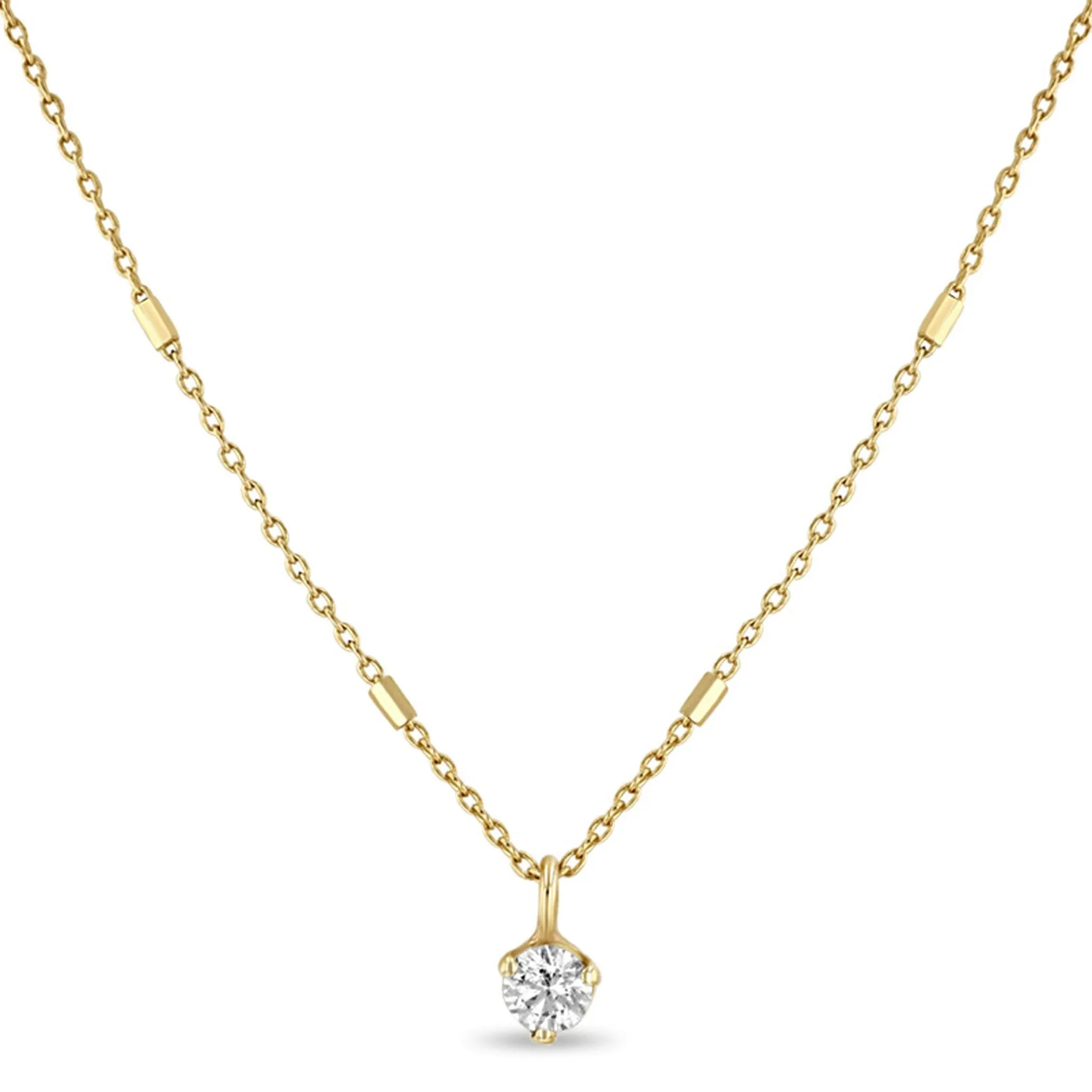 14K Gold Bar Chain Necklace with Prong-Set Diamond Drop