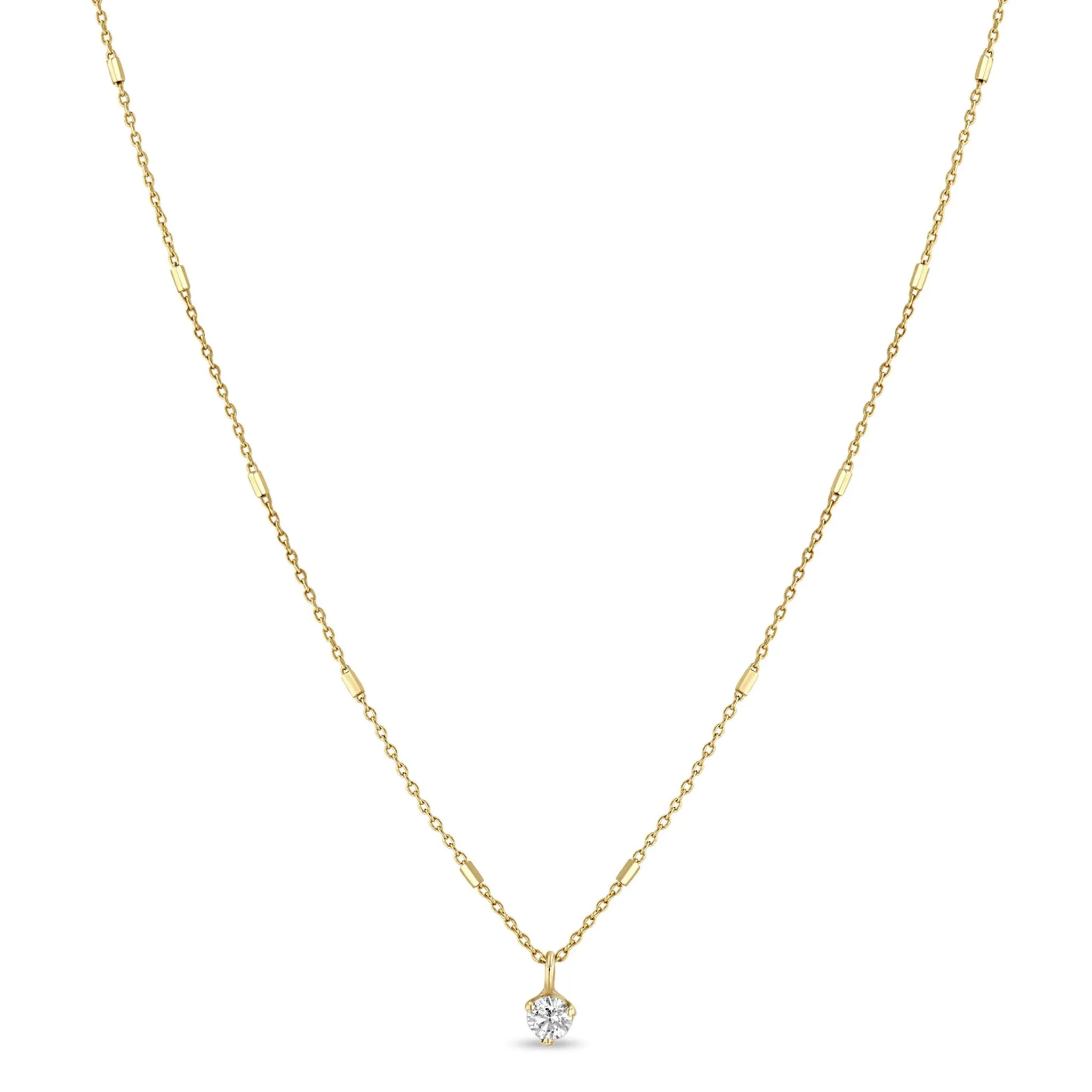 14K Gold Bar Chain Necklace with Prong-Set Diamond Drop
