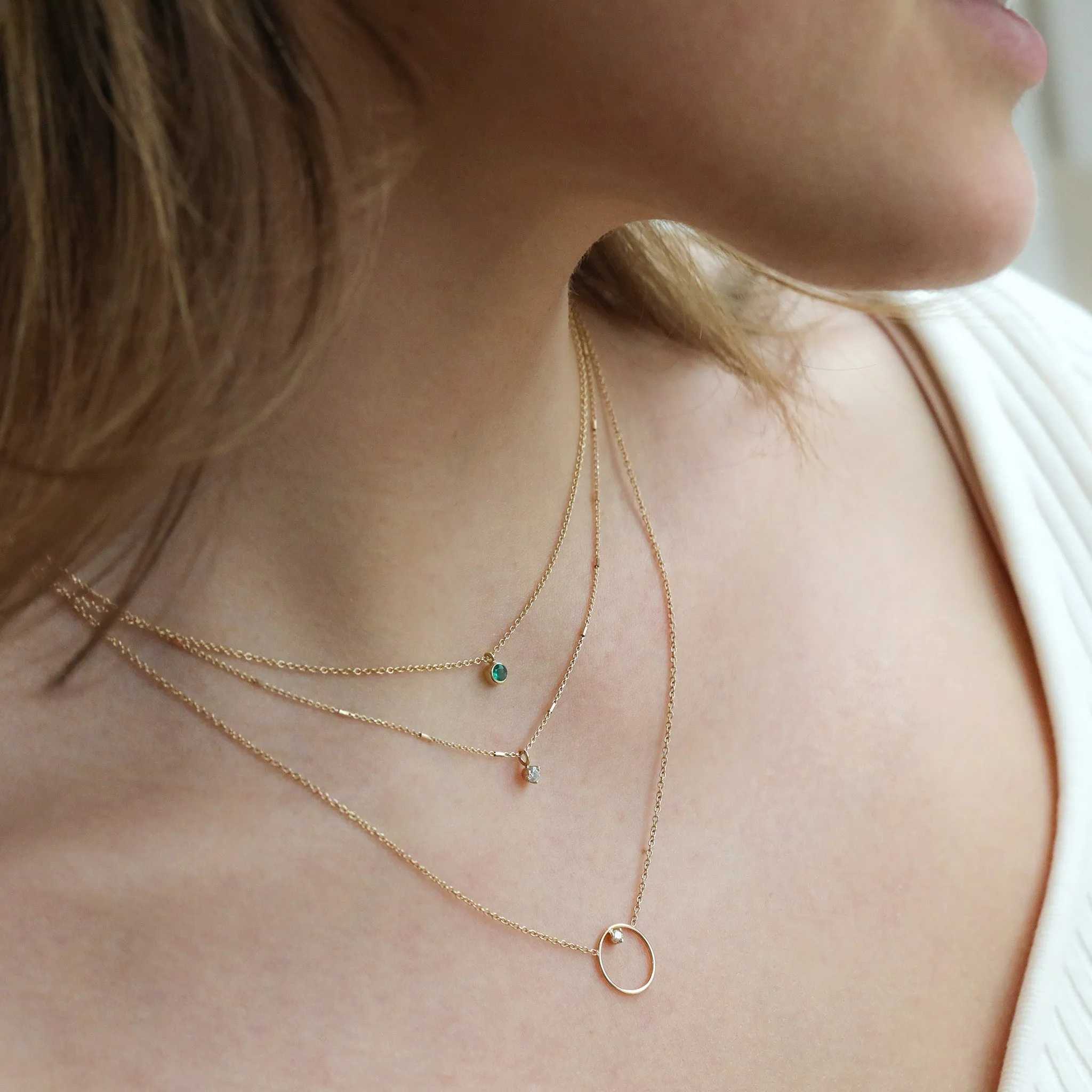 14K Gold Bar Chain Necklace with Prong-Set Diamond Drop