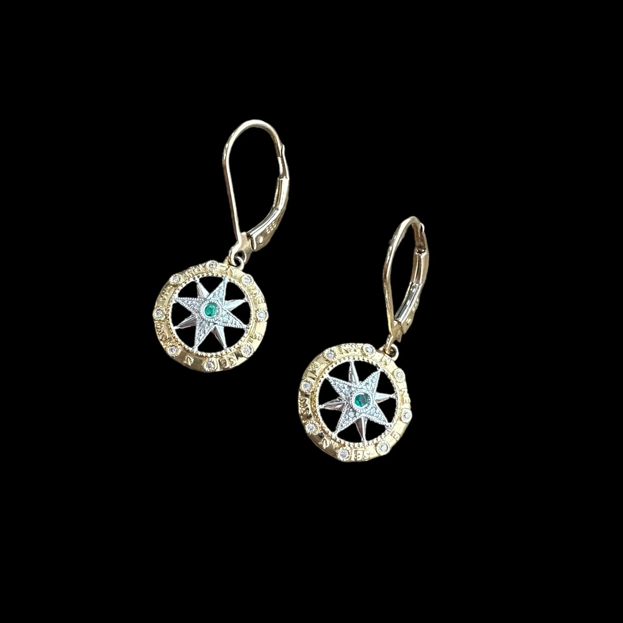 14K Gold Compass Rose Earrings with Emerald and Diamonds
