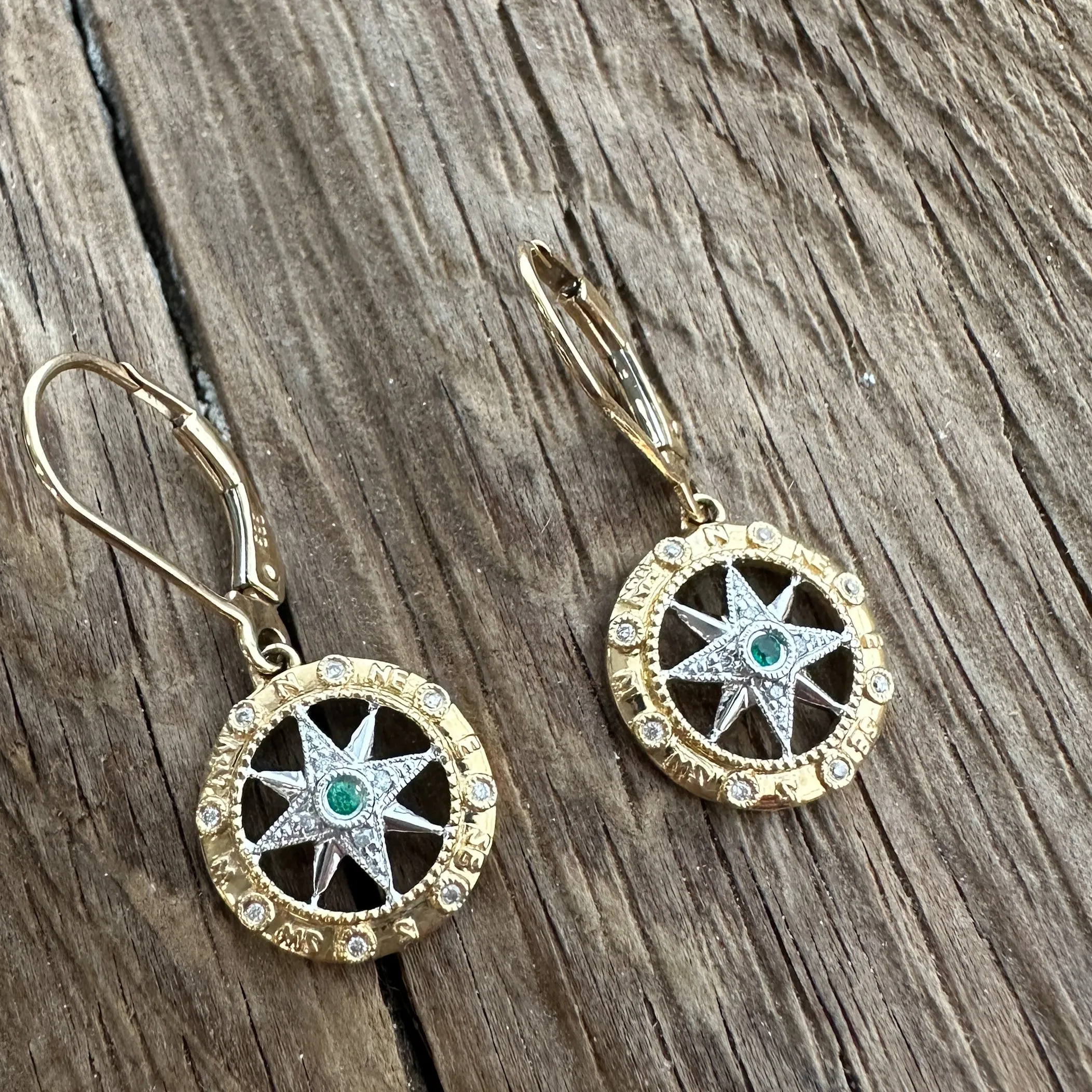 14K Gold Compass Rose Earrings with Emerald and Diamonds