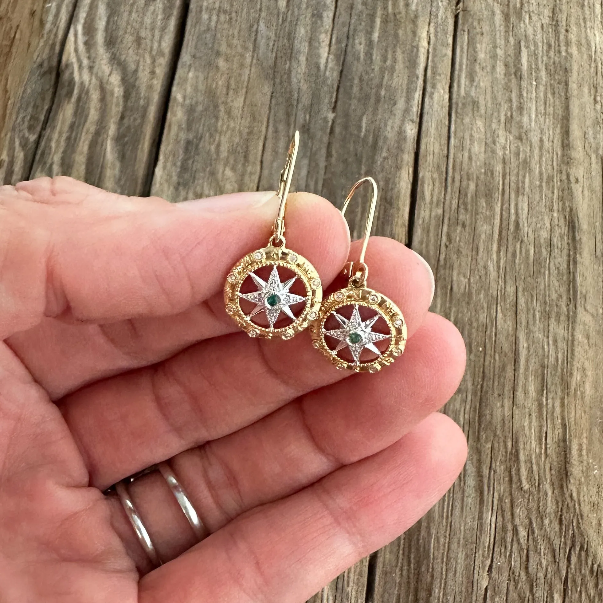 14K Gold Compass Rose Earrings with Emerald and Diamonds