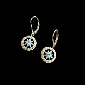 14K Gold Compass Rose Earrings with Emerald and Diamonds