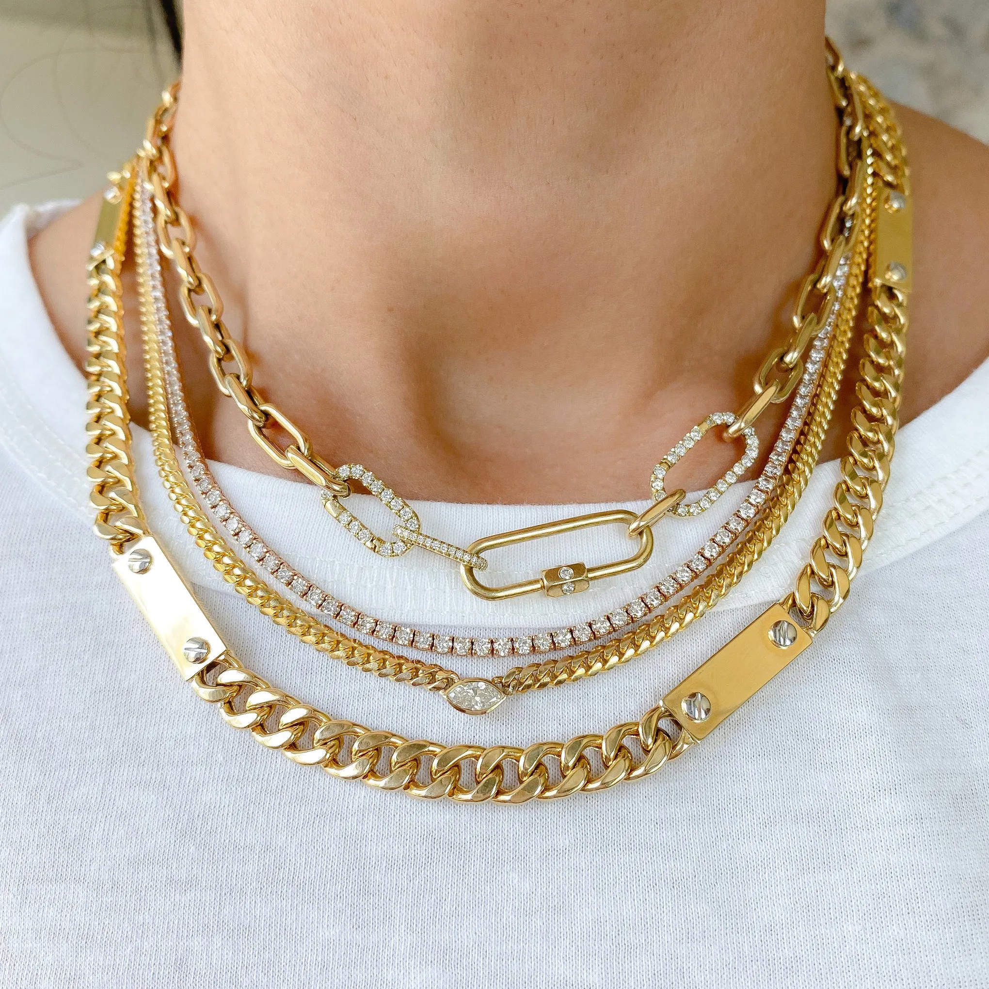 14K Gold Cuban Link Bar Chain Necklace, Medium Size Link